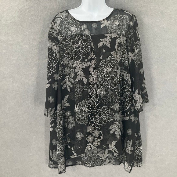 Roz & Ali Top Womens Sz L Black Floral Sheer Tunic Blouse Flowy Lined Romantic - Picture 1 of 13